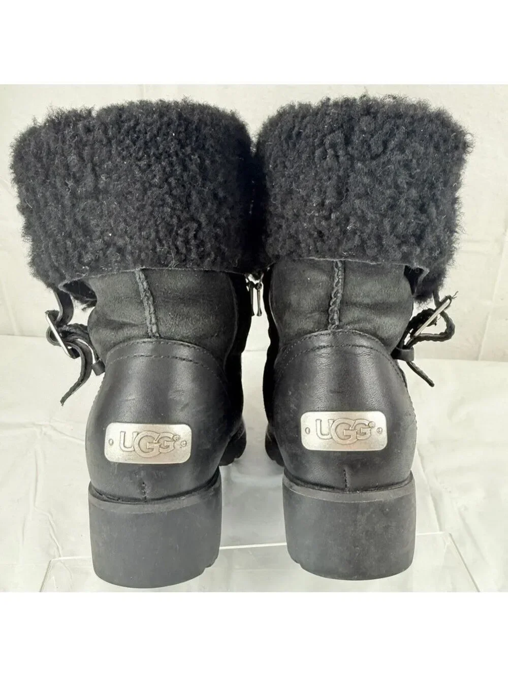UGG Black Bellevue 1914 Leather Shearling Zip Fold Over Moto Boots Sz 6
